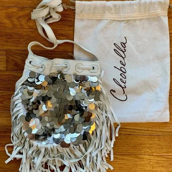 CLEOBELLA NWT White Leather Sequined Fringe Crossbody Bag Purse Boho